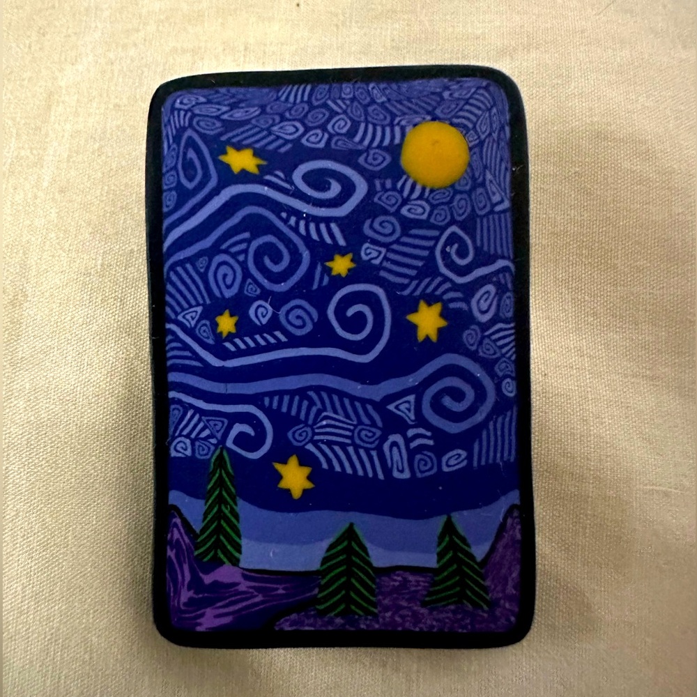 Artisan Handmade polymer clay brooch Pin Whimsical Starry Night